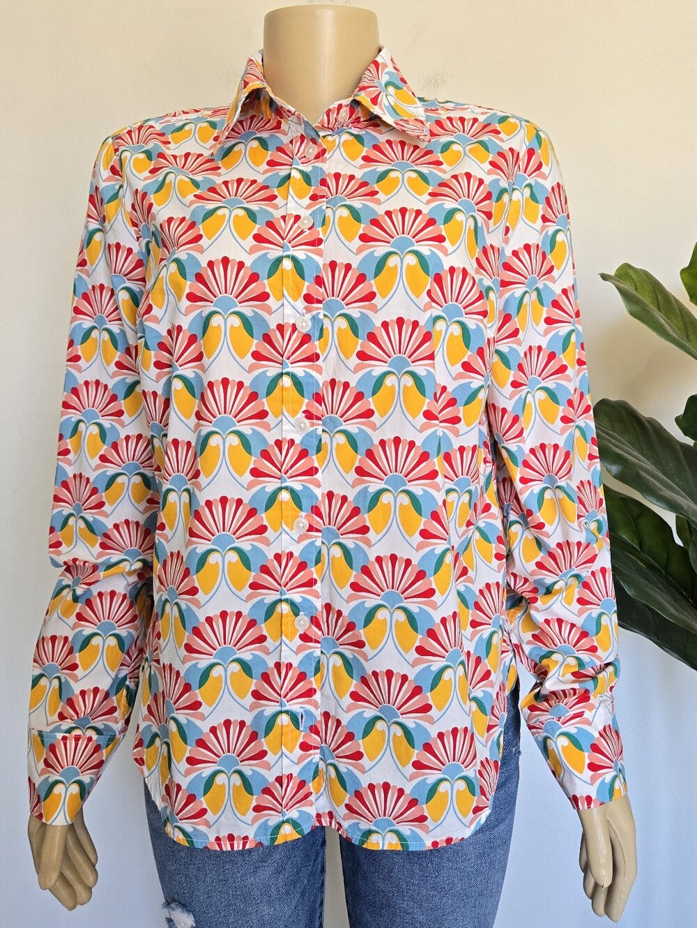 Boden Sienna Cotton Shirt Retro Geometric Art Deco Floral Print Size 8 Women's